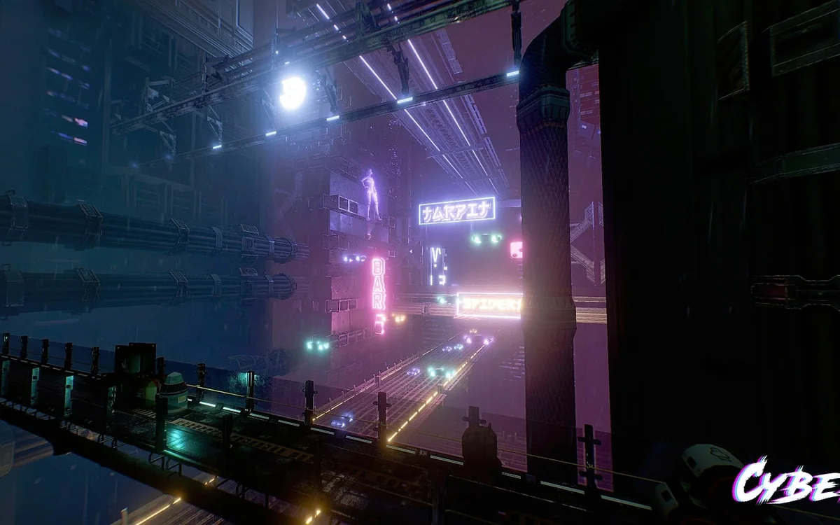 Cyberpunk cooperative VR escape-room scene 1