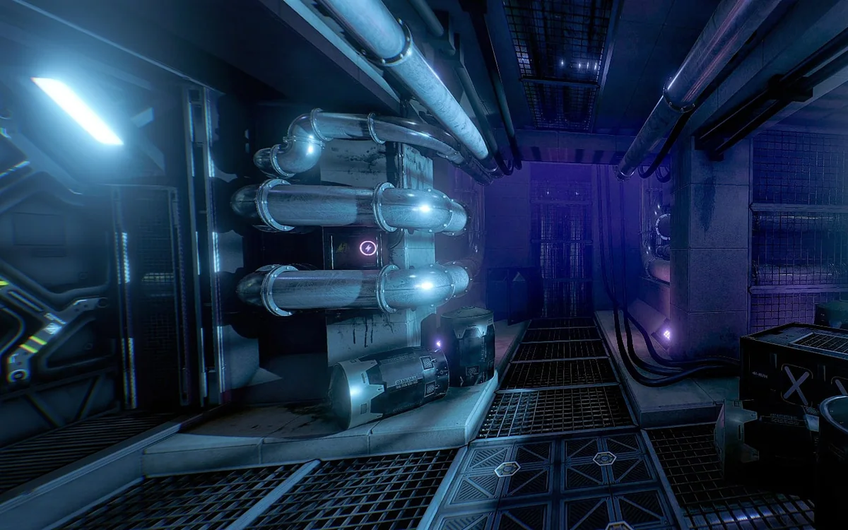 Cyberpunk cooperative VR escape-room scene 3