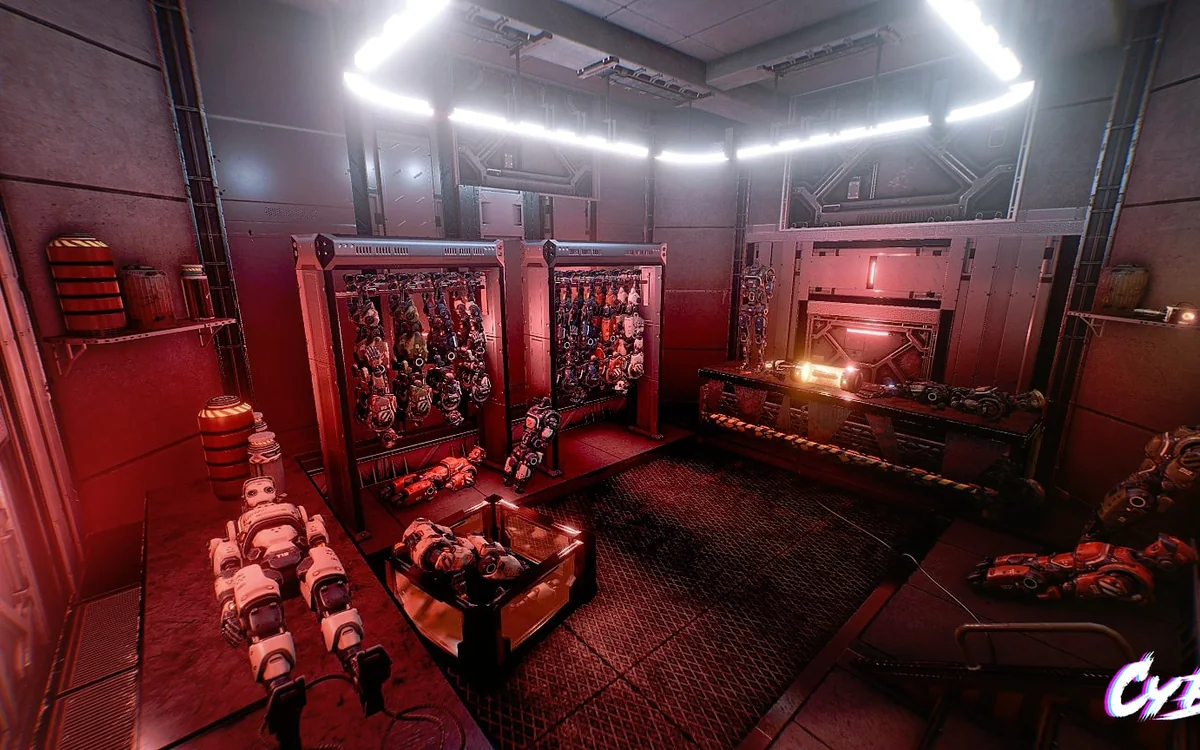 Cyberpunk cooperative VR escape-room scene 4