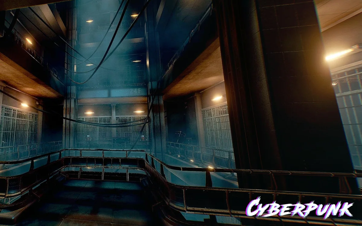 Cyberpunk cooperative VR escape-room scene 6