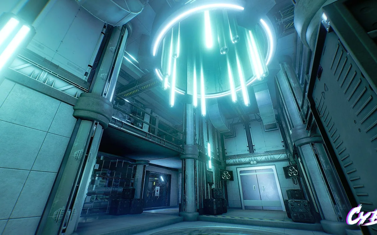 Cyberpunk cooperative VR escape-room scene 8