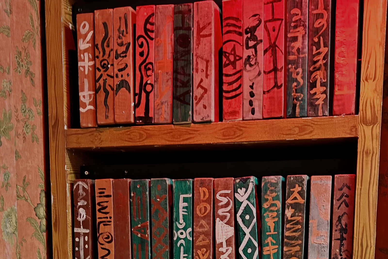 A handmade bookshelf illuminated in red inside Erin's Diary